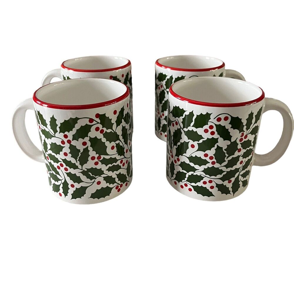 Waechtersbach Coffee Mugs Set of 4 Christmas Holly White Ceramic Holiday Green